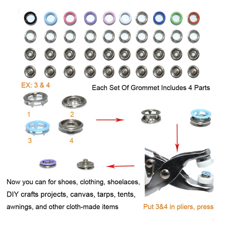 Renashed 200Pcs Snap Fastener Tool Diameter 9.5mm Metal Eyelets Shoes Clothes Crafts with Heavy-Duty Eyelet Grommet Pliers - Image 3